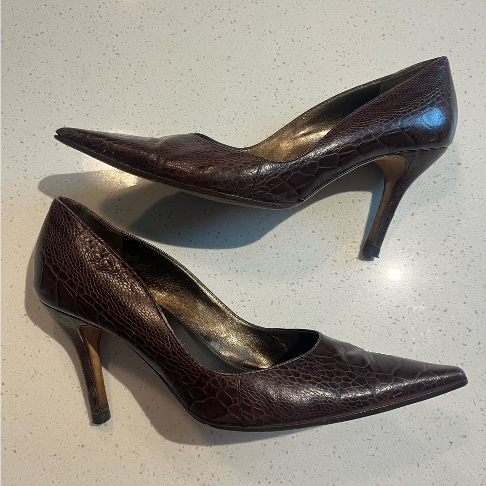Antonio Melani | Brown Leather Snakeskin Embossed Pointed Toe Heels Size 7.5